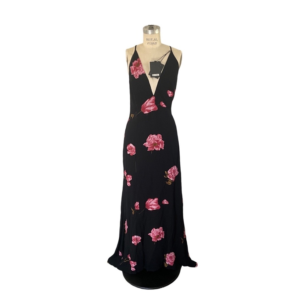 Reformation Black Floral Maxi Dress Open Back Slit Formal Evening Size S NWT - Picture 2 of 15